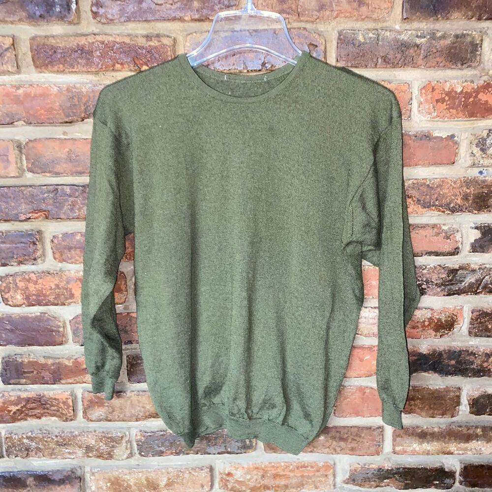 Solid Olive Green Crew Neck 100% Pure New Wool Pullover Sweater Women's Small